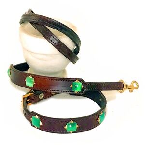 Aquamarine Gemstones & Brown Leather Collar & Leash, 14"-17"